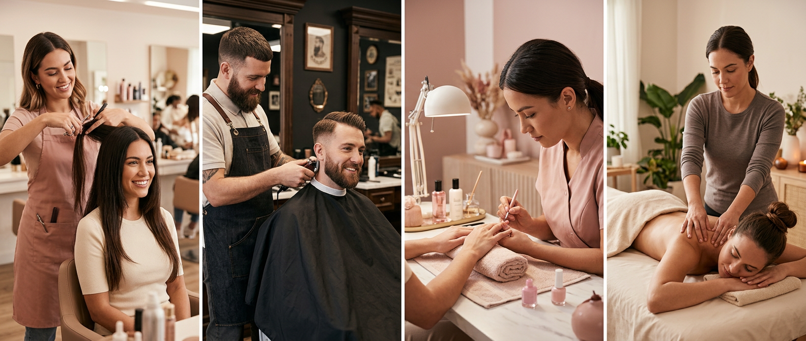 Hairstylist, barber, nail technician, and massage therapist at work